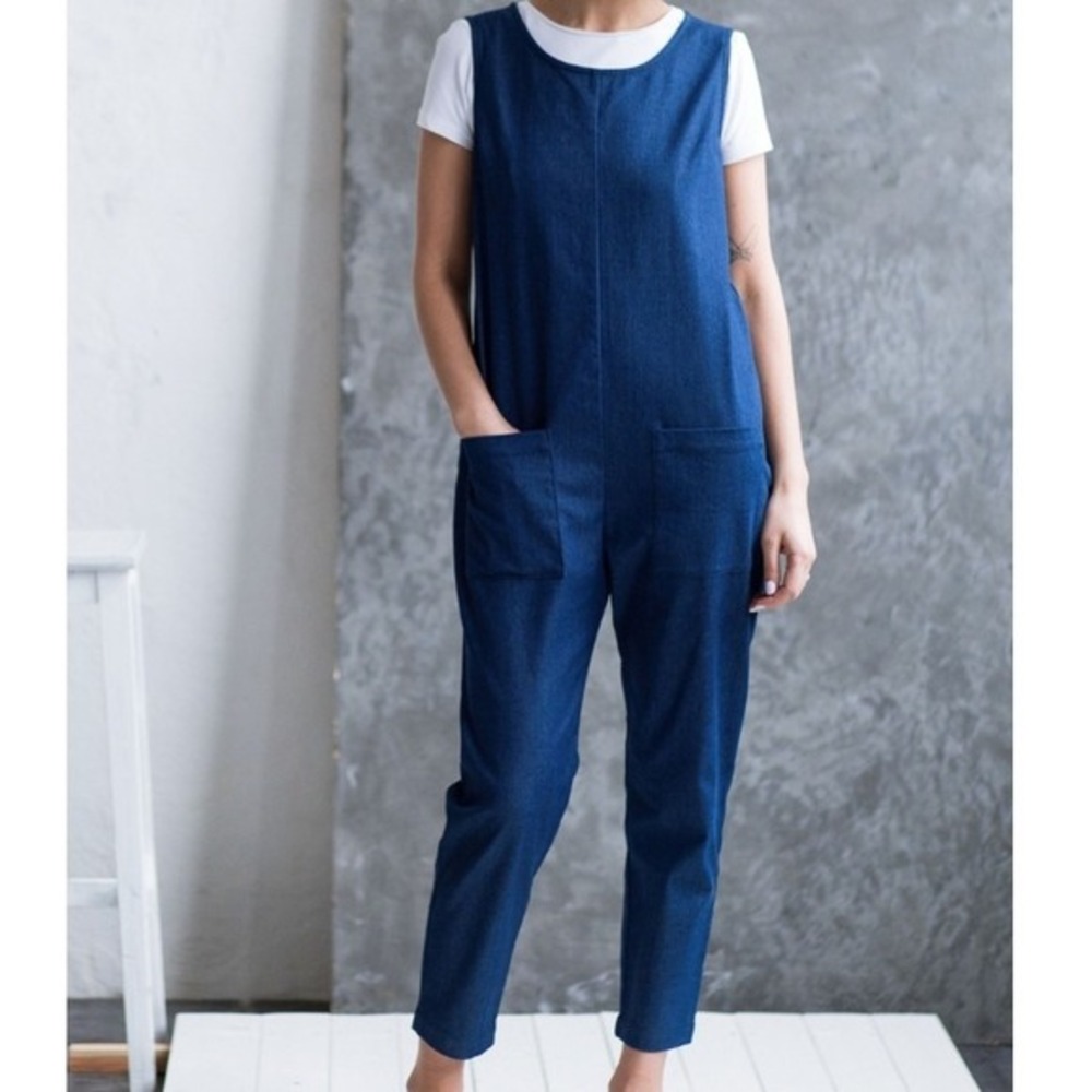 OffOn Women's‎ Blue Sleeveless V Neck Pocketed Full Zip Jumpsuit Casual Summer
